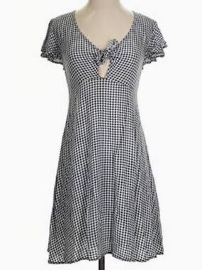 XHILARATION Navy & White Gingham Flutter Sleeve Tie-Front Dress